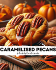 A wax melt pot with 'Caramelised Pecans' label, surrounded by autumn-themed decorations, including pumpkins and leaves.