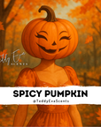 Person with pumpkin head and dress in an autumn setting, featuring 'Teddy Eva Scents' branding.