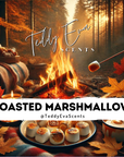 Scenic autumn scene with a campfire, marshmallows, and Teddy Eva Scents branding - it's a wax melt