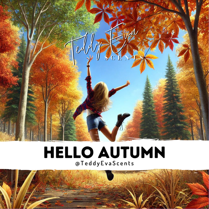 A wax melt package for 'Hello Autumn' with an image of a girl jumping in a forest, surrounded by autumn leaves.