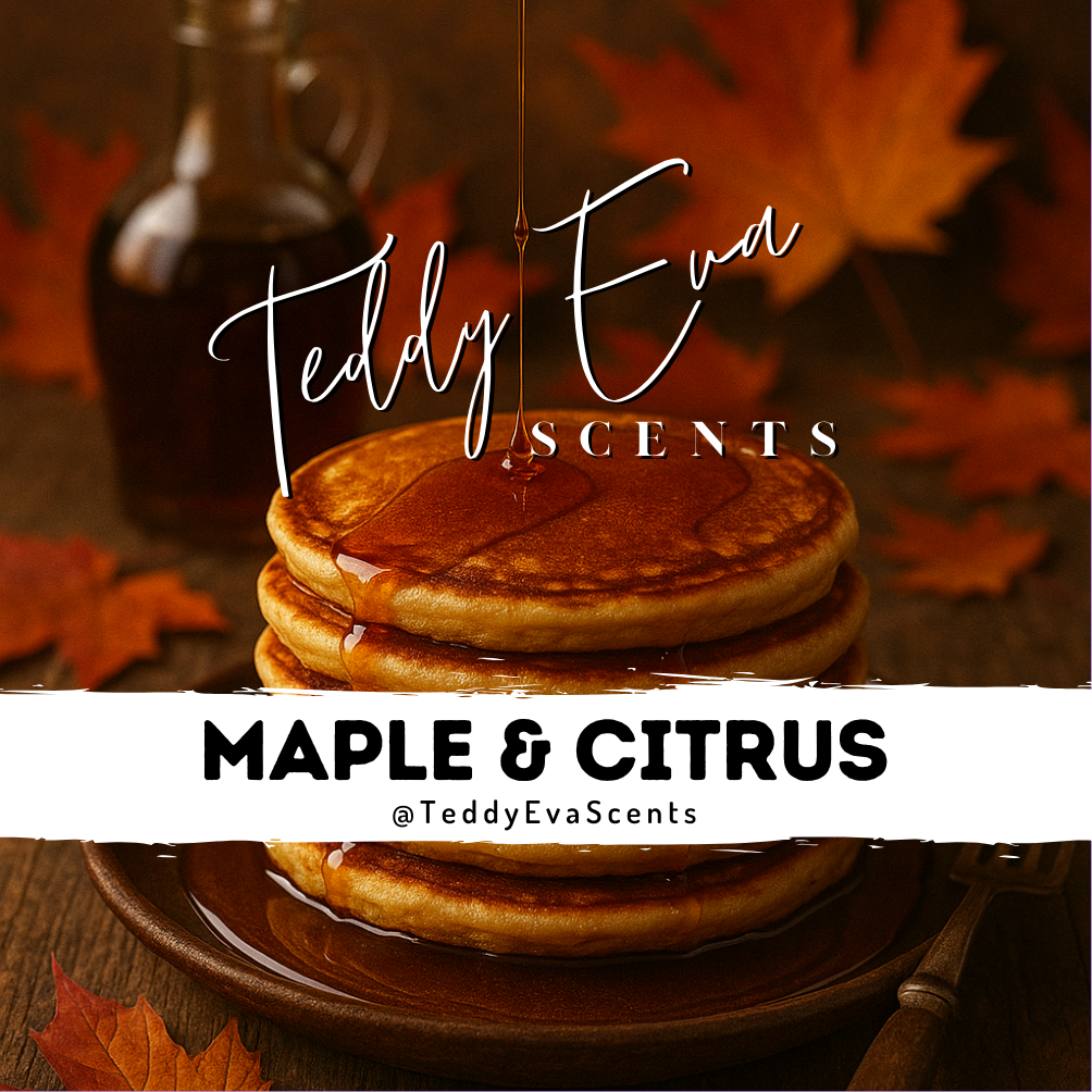 Stack of pancakes with syrup, autumn leaves, and Teddy Eva Scents branding.