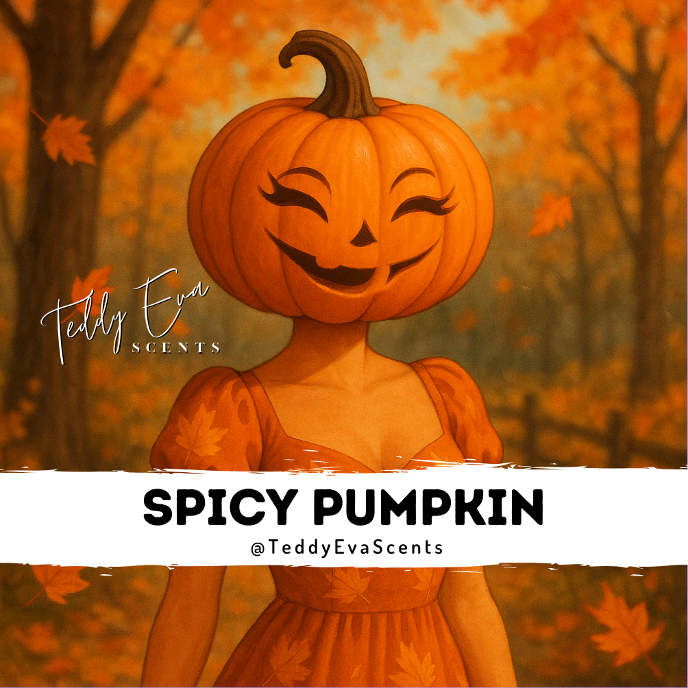 Person with pumpkin head and dress in an autumn setting, featuring 'Teddy Eva Scents' branding.