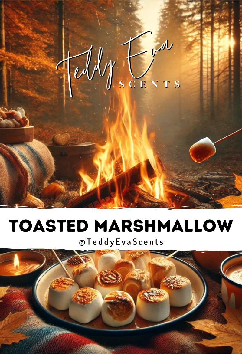 Toasted marshmallows over a campfire with Teddy Eva Scents branding.