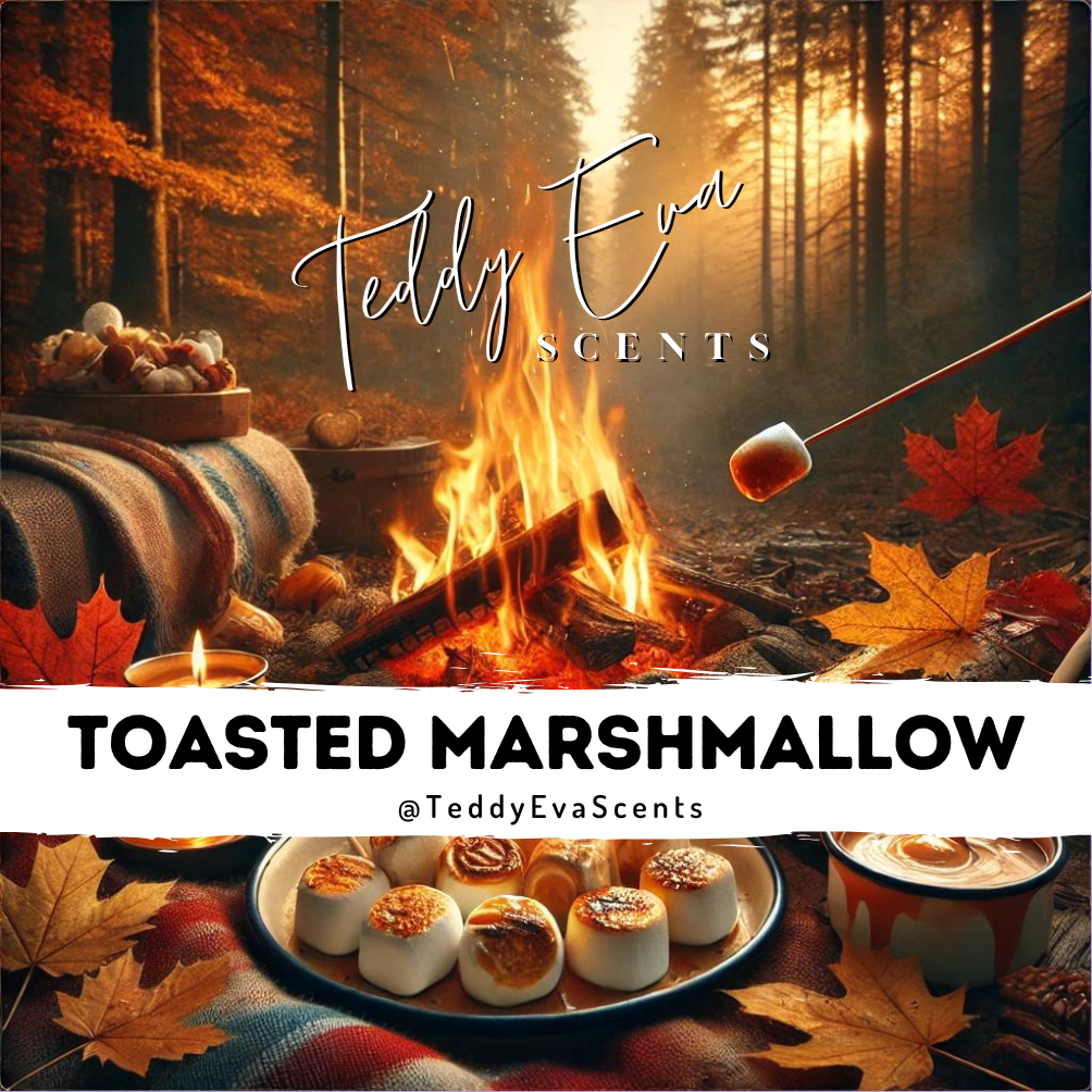 Scenic autumn scene with a campfire, marshmallows, and Teddy Eva Scents branding - it's a wax melt