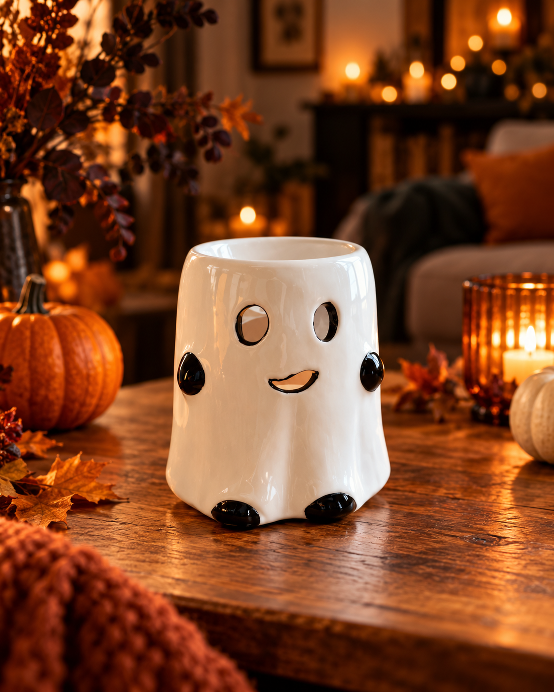 White Ghost ceramic wax melt burner in a cosy Halloween setting